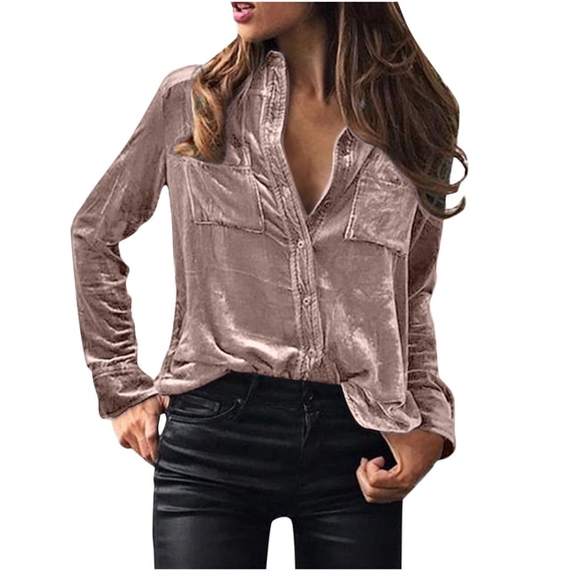 DPTALR Chemise à Manches Longues avec Col à Revers et Boutons pour Femmes en Velours Doré