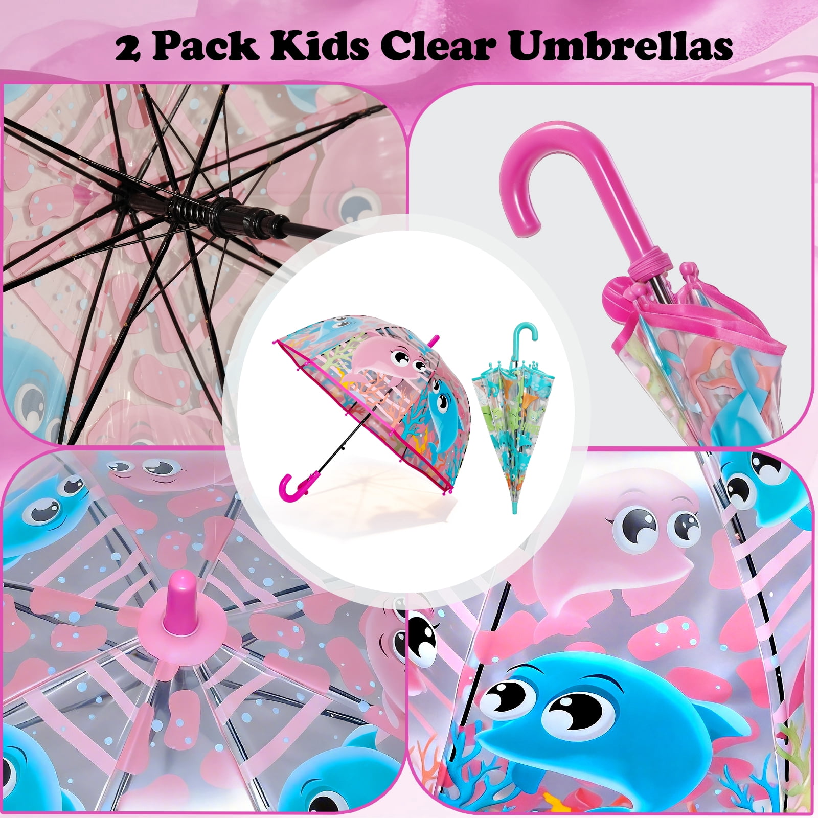 2 Pcs Kids Clear Bubble Umbrella, Unicorn Pattern with Easy Grip Curved Handle, Safe Transparent Umbrella for Toddler Girls