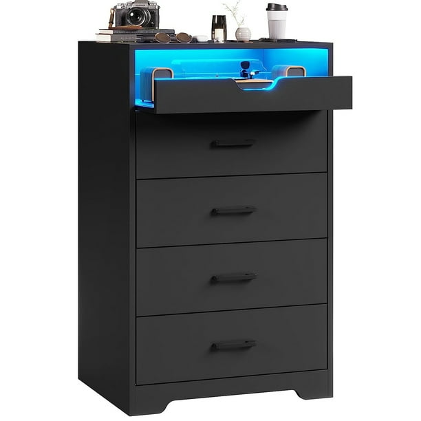 Tall 4 Drawers Dresser with LED Lights for Bedroom, PullOut Tray,Chest