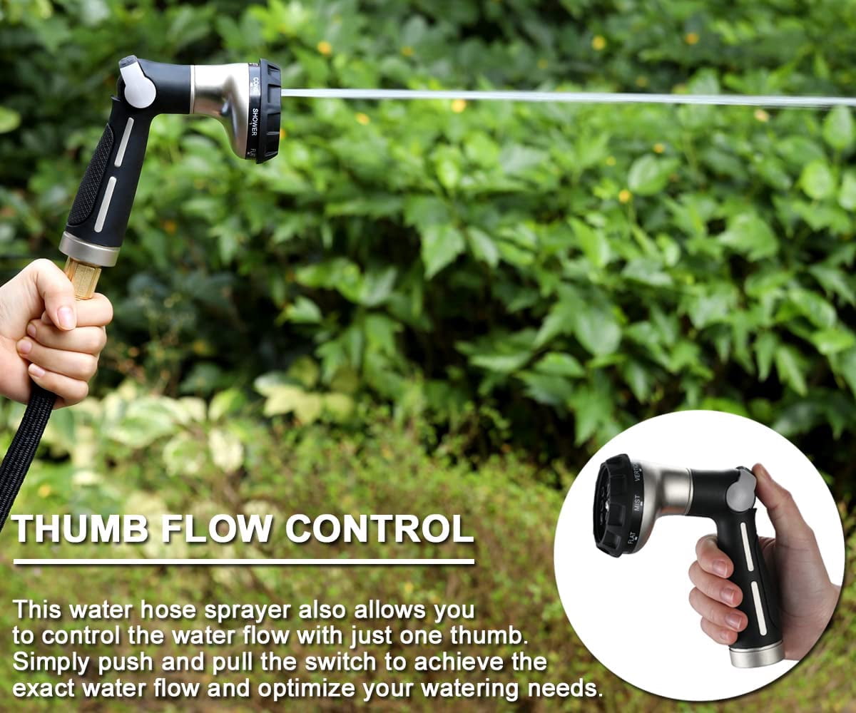 Garden Hose Nozzle 100% Heavy Duty Metal, Water Hose Sprayer with 8 Watering Patterns, Thumb Control On Off Valve, High Pressure Nozzle Sprayer for Watering Plants, Car and Pet Washing, Black