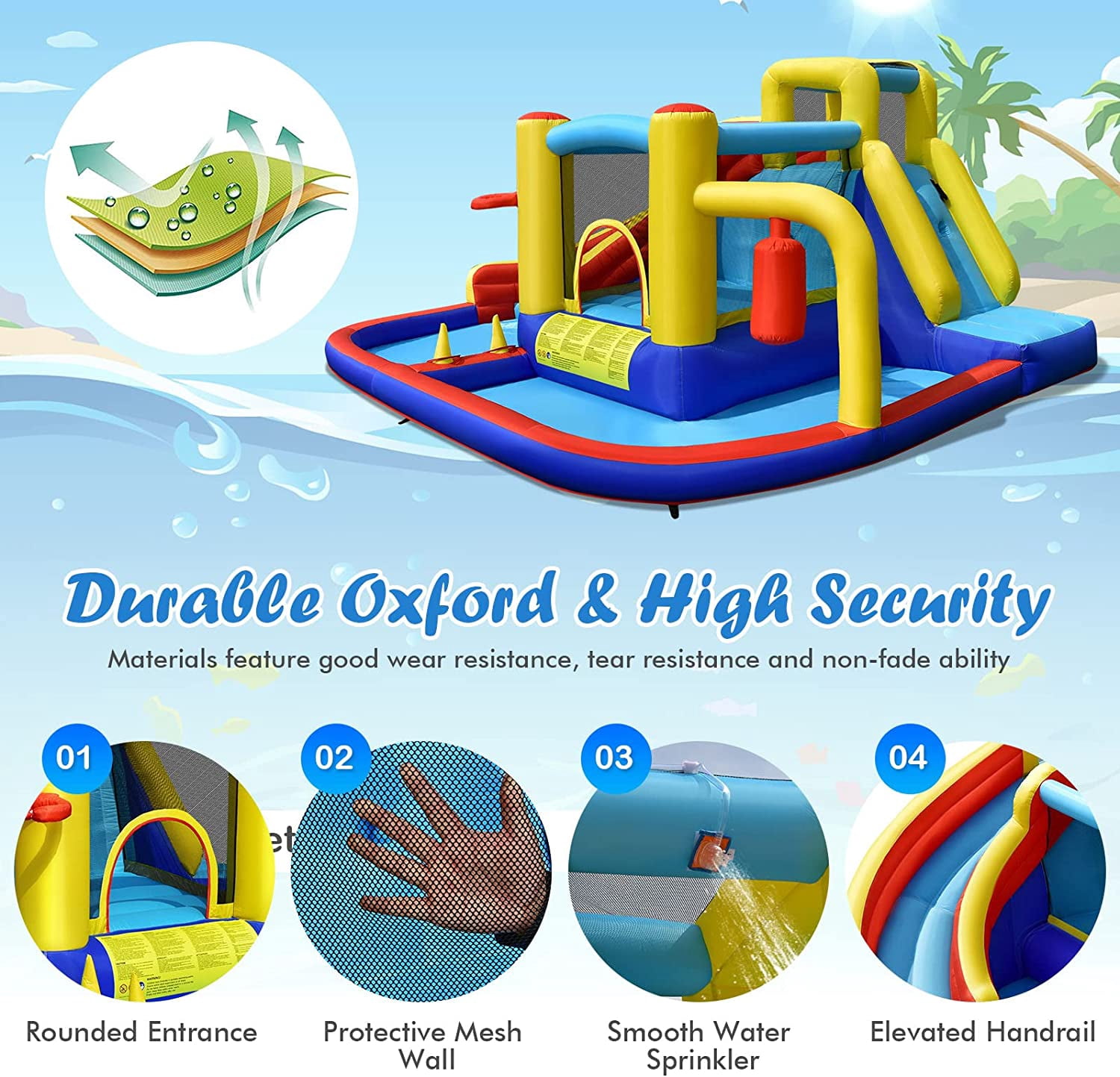 OLAKIDS Inflatable Water Slide, 8 in 1 Bounce House Water Park with Slide Splash Pool Climbing Wall Basketball Hoop Ring Toss, Outdoor Inflatable Obstacle Course for Kids Backyard (With 735W Blower)