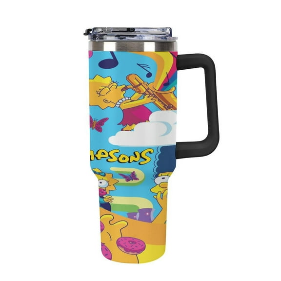 40OZ SimpsonsTumbler with Handle and Flip Straw Stainless Steel Tumbler Cup Keeps Drinks Cold & Hot