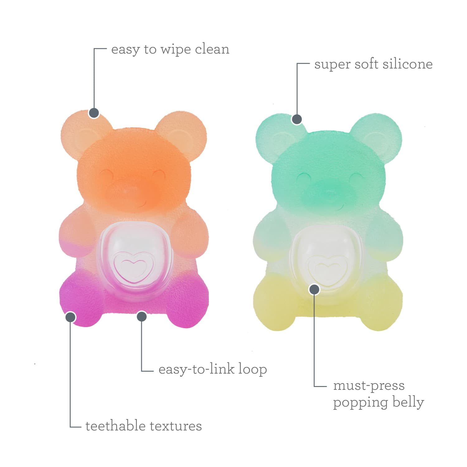 Infantino Teethimal Pop Pals Baby Teether Toy with Textured Surfaces, Pop Feature, and Linkable Loop for Babies 6-12 Months, 2-Pack