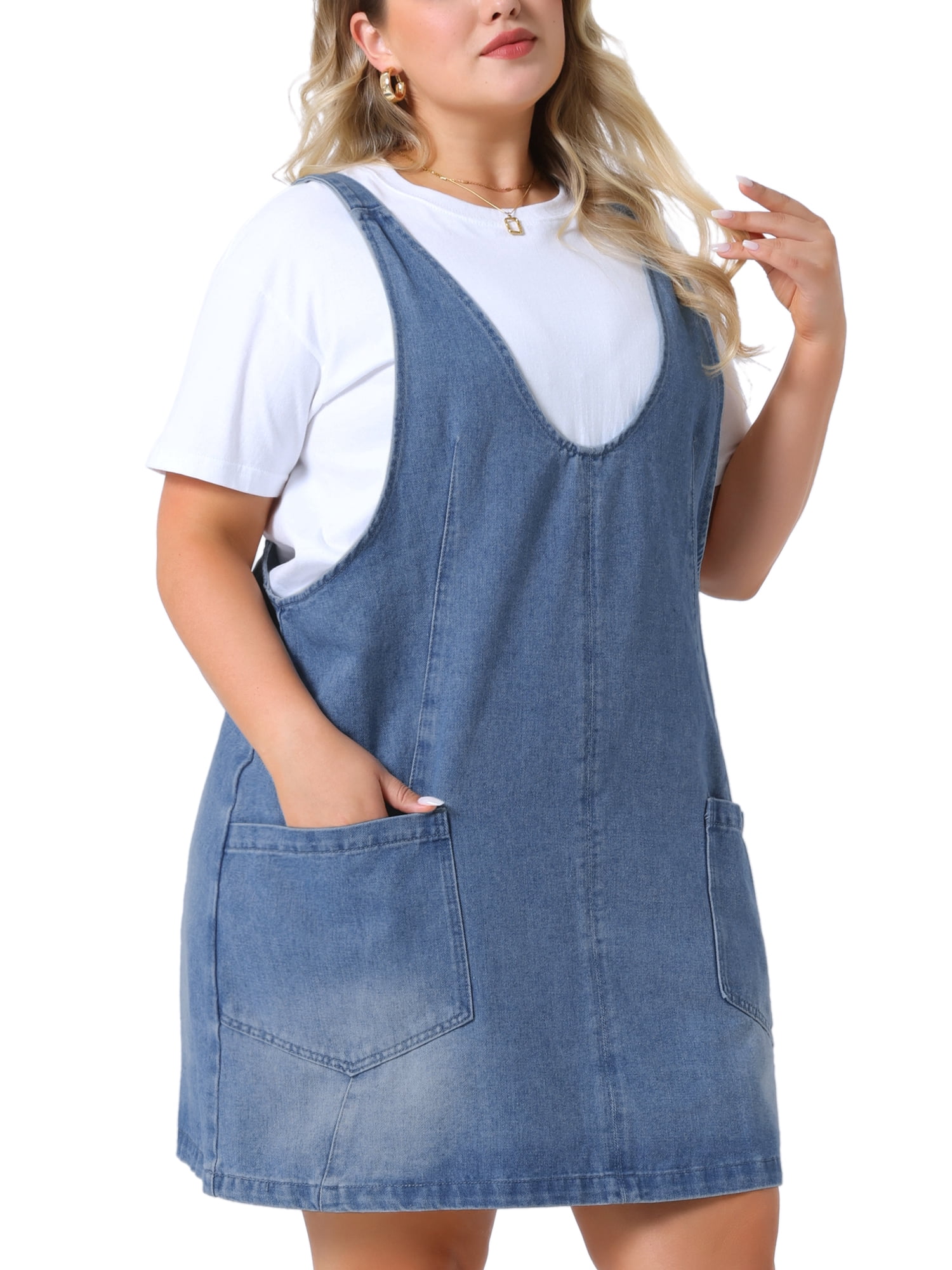DARING DIVA Women's Plus Denim Overall Sleeveless V Neck Denim Jumper Dress 3X Sky Blue