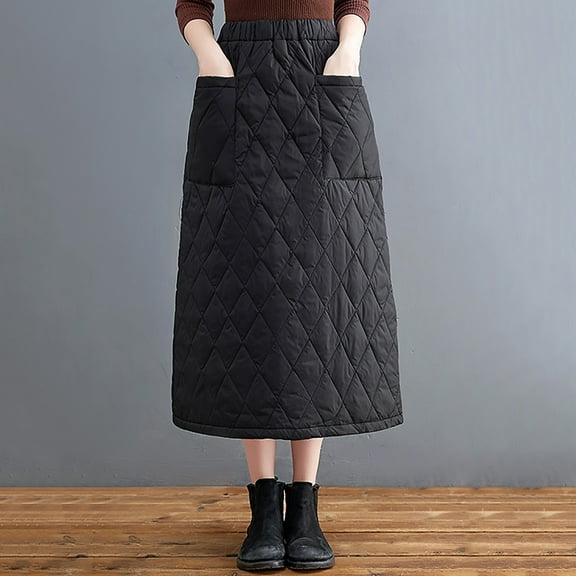 AUNVITO Thermal Insulation High Waist Plus Size Women's Winter Skirt with Pockets, Elastic Waistband, Long Casual Warm Black