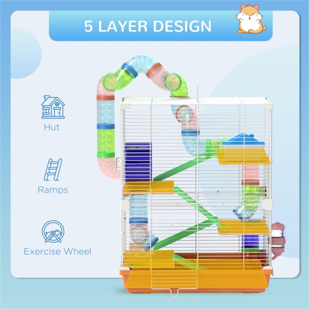 5 Level Hamster Cage with 2 Doors , Food Dish and Water Bottle for Small Animals, Orange