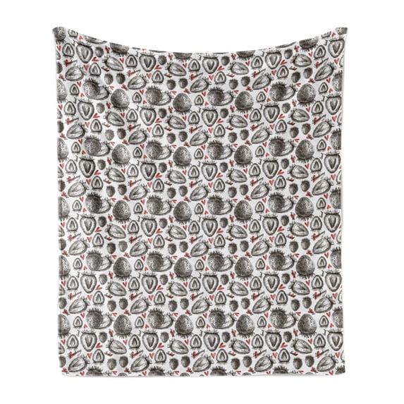 Strawberry Soft Flannel Fleece Throw Blanket, Fruits Pattern with Hearts Childish Gardening Farming Sketchy, Cozy Plush for Indoor and Outdoor Use, 70" x 90", Grey Vermilion and White, by Ambesonne