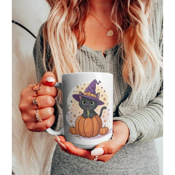 Cute Halloween Black Cat Mug | Witch Hat & Pumpkin Design | Spooky Season Coffee Cup | Fall Cat Lover Gift | Halloween Mug for Her or Him,coffee cups ceramic,travel coffee tumbler