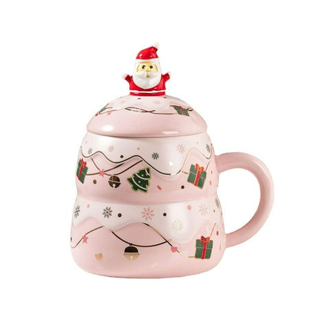 

Ceramic Christmas Coffee Mug with Lid Handle and Spoon Morning Cup Decorative Tea Cup for Christmas Housewarming Kitchen Travel Women Men Pink