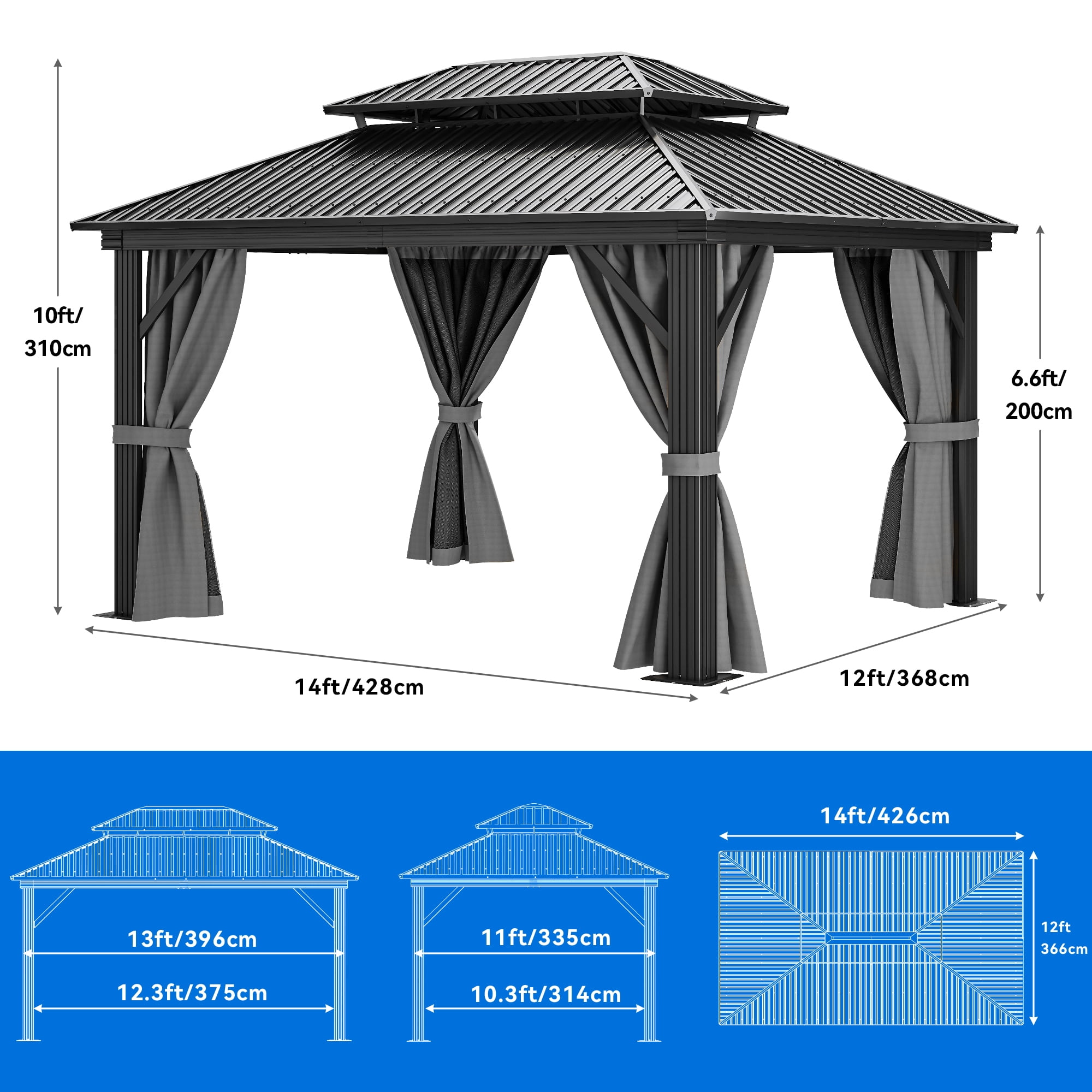 Dextrus 12ft x14ft Double Roof Hardtop Gazebo with Netting&Curtains, Outdoor Gazebo with Heavy Duty Galvanized Steel,Ideal for Patio Lawn and Garden,Gray Curtain