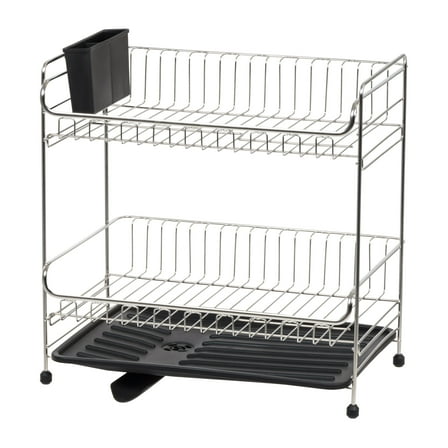 IRIS USA 2-tier Medium-sized Dish Rack with Drain Spout, Dish Rack and Drainer, Black