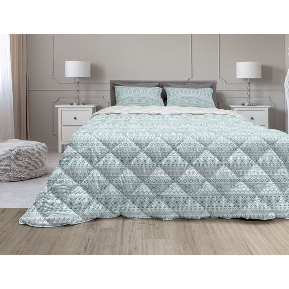 Ikat Comforter & Sham Bedding Set, Inspired Horizontally Arranged Geometric Cold Toned Folkloric Forms, 3 pcs Duvet Set Microfiber Filling Quilt, 5 Sizes, Cadet Blue Seafoam and White, by Ambesonne