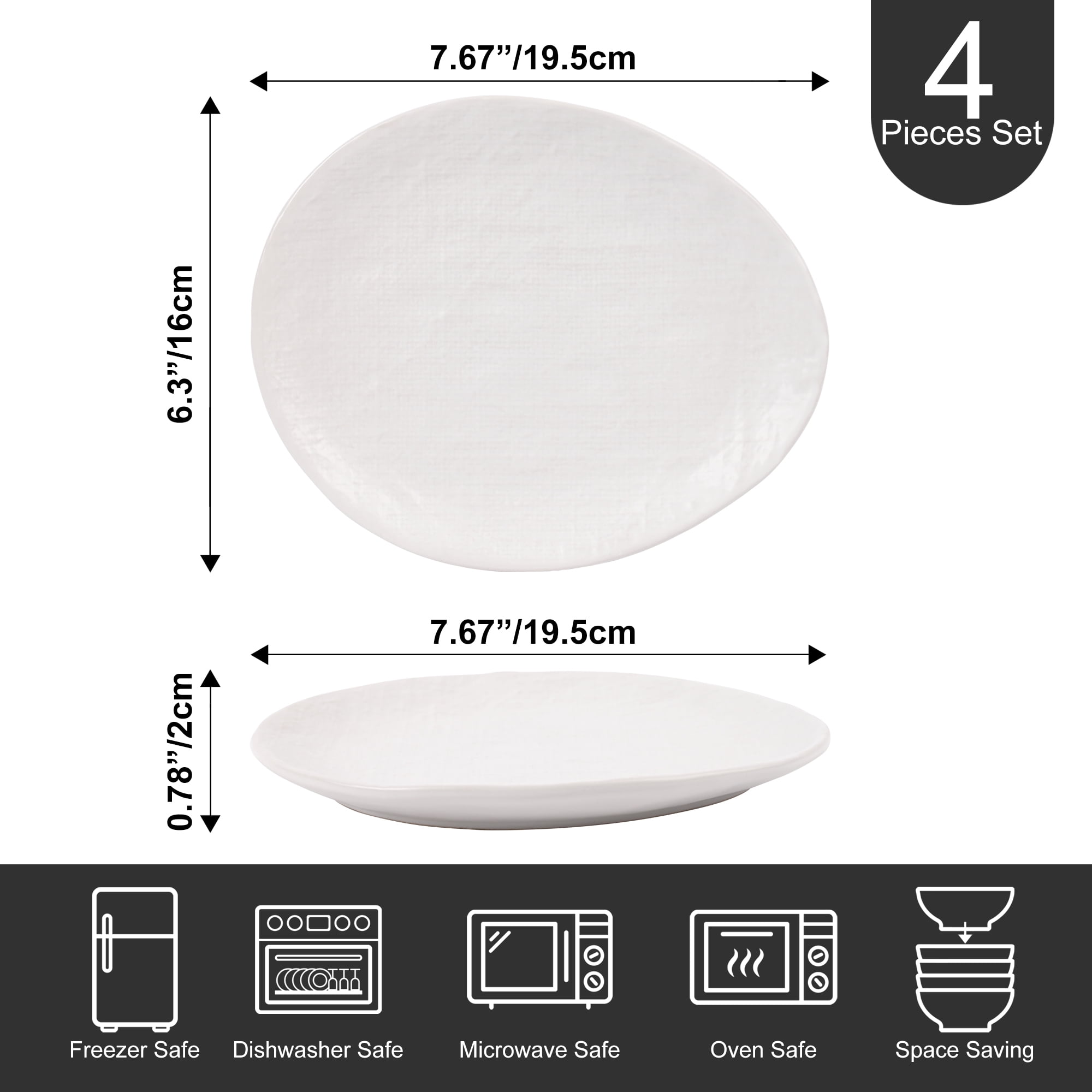 Linen Artisan Dinner Plate Set, 4 Pieces Dinnerware Dishes Set, Porcelain Salad Plates, Irregular 7.6 Inches Ceramic Plates Suitable for Steak, Pasta, Pizza, Home, Party, White, Small