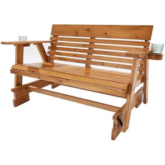 Wooden Patio Glider Bench with Cup Holders, Heavy Duty 900LBS Outdoor Loveseat Glider with Ergonomic Deep Contoured Seat and High Roll Back for Garden Porch Balcony (4Ft 2-Seater, Brown)
