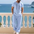 thumbnail image 2 of FRSASU Men's 2 Piece Linen Outfits Short Sleeve Henley Hooded Shirt and Beach Pants Set Casual Summer Matching Set Light Blue, 2 of 9