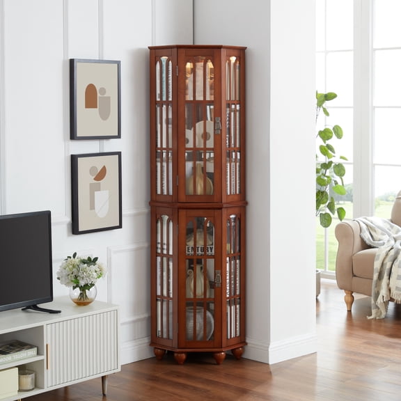 VISWILD Corner Storage Cabinet with Adjustable Glass Shelves, Lighting System, Solid Wood Legs, Suitable for Living Room, Study, Brown
