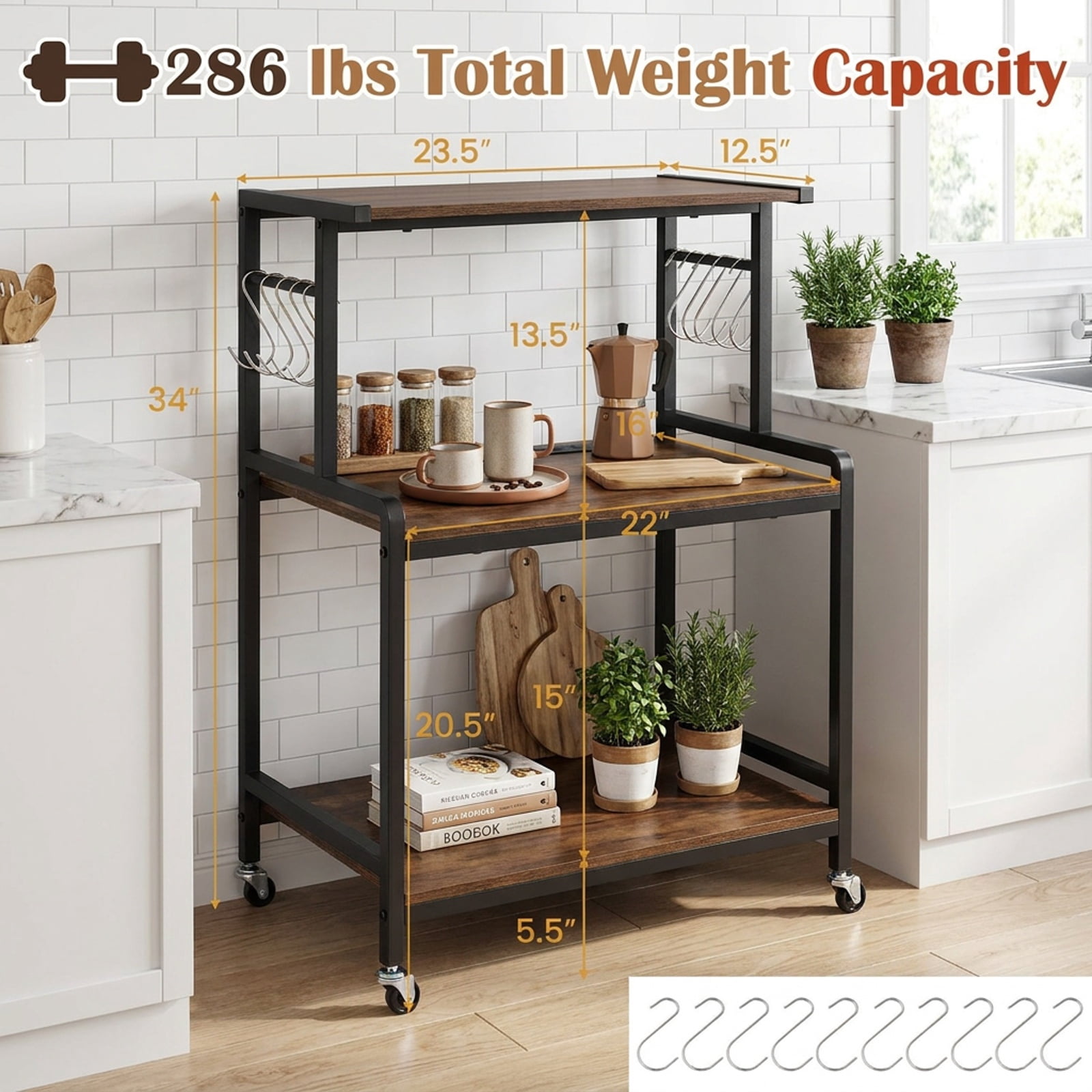 Furnibear Black 3-Tier Rolling Microwave Cart with Power Outlet Lockable Wheels and 10 Hooks