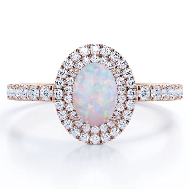 JeenMata Anillo de Compromiso con Ópalo Etíope y Moissanita en Forma de Huevo de 1,75 Quilates, Engaste Pavé, Doble Halo, Chapado en Oro Rosa de 18 K sobre Plata