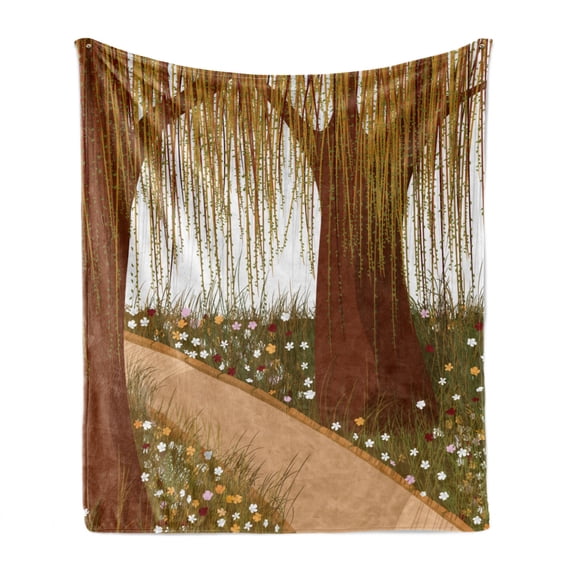 Willow Tree Soft Flannel Fleece Blanket, Romantic Cartoon Illustration of Weeping Braches Wild Tiny Flowers and Grasses, Cozy Plush for Indoor and Outdoor Use, 60" x 80", Multicolor, by Ambesonne