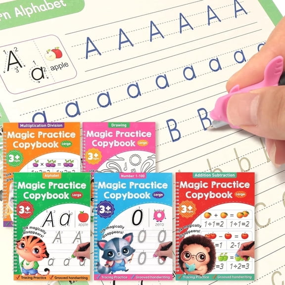 Large Magic Grooved Practice Copybook for Kids, Reusable Grooved Handwriting Workbook with Pen,Pencil Grisp, Learn to Write Number Letter Tracing for Kids Ages 3-8 Kindergarten Preschool Calligraphy