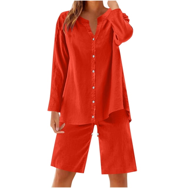 UAMVSH Women Button down Two Piece Sets Plus Size Cotton Linen Long Sleeve Shirts and Drawstring Bermuda Shorts Beach Outfits(Large,Red 1)