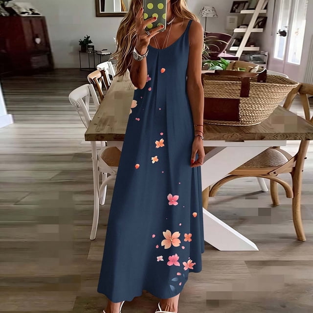 TaTaai Women Elegant Printed Round Neck Sleeveless Ankle Length Dress Comfortable Soft Fabric Casual Stylish Daily Work Street Wear Gift