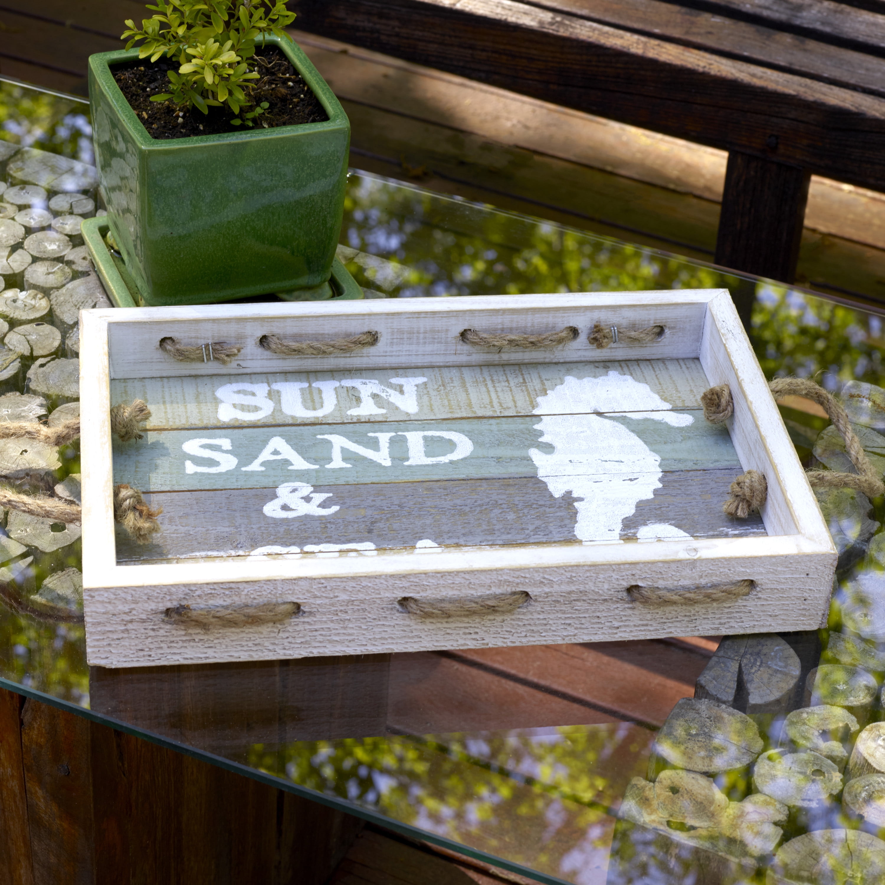 Elements Sun Sand and Sea horse Wood Tray, 14-inch, Assorted