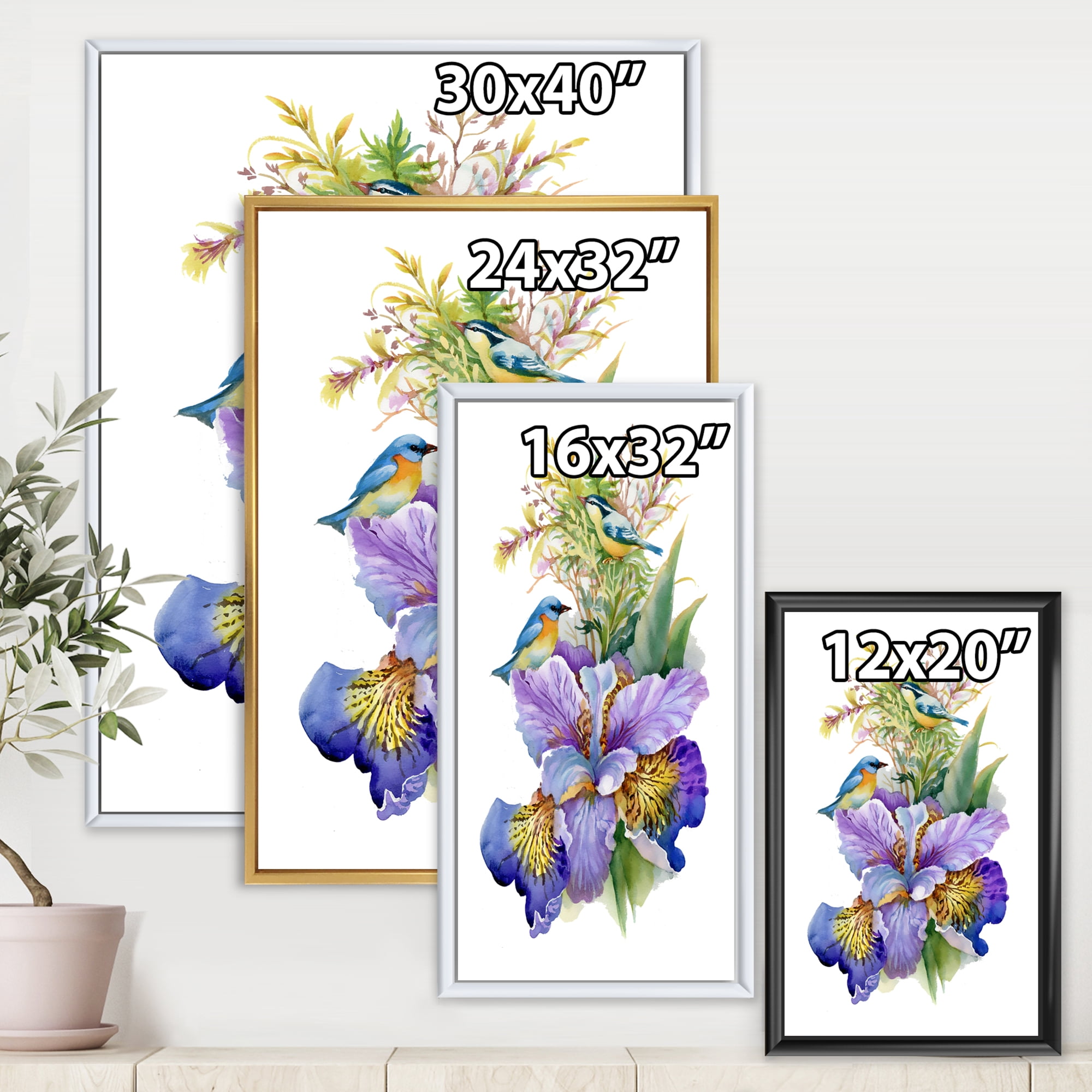 Birds With Purple Iris 16 in x 32 in Framed Painting Canvas Art Print, by Designart