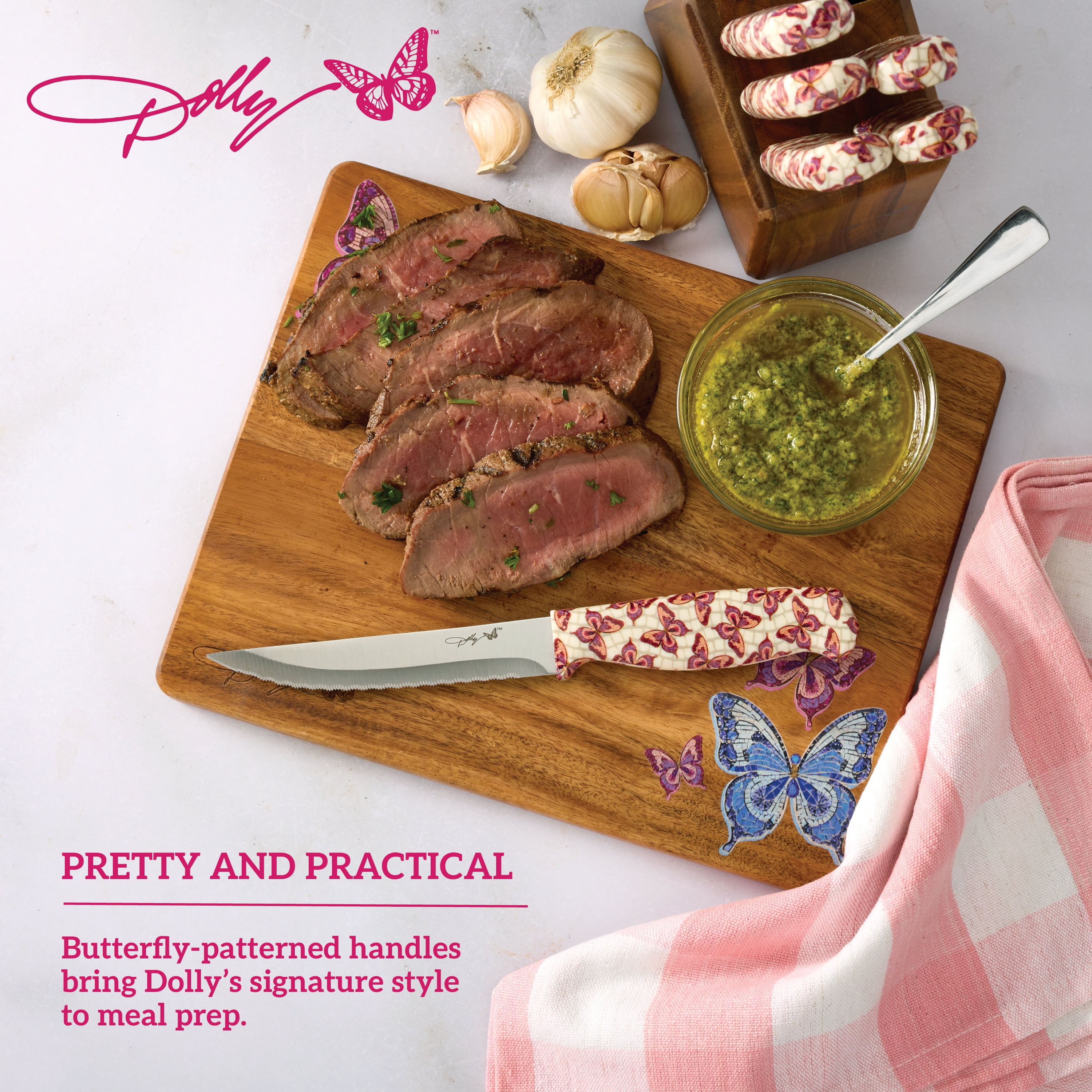 Dolly Parton 7-Piece Steak Knife Set with Pink Handles and Acacia Block for Storage