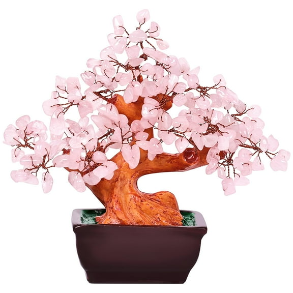 Feng Shui Natural Rose Pink Quartz Crystal Money Tree, Healing Crystal Trees Bonsai Style Decoration for Wealth and Luck for Home Decor, Gifts for Women