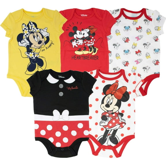 Disney Mickey Mouse Donald Duck Minnie Mouse Newborn Baby Girls 5 Pack Bodysuits Newborn to Infant