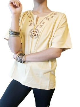 Women Cotton Tunic Blouse , Beige HINDU Swastik Om Embroidered Shirt BOHEMIAN Top Gypsy Yoga Blouse ML