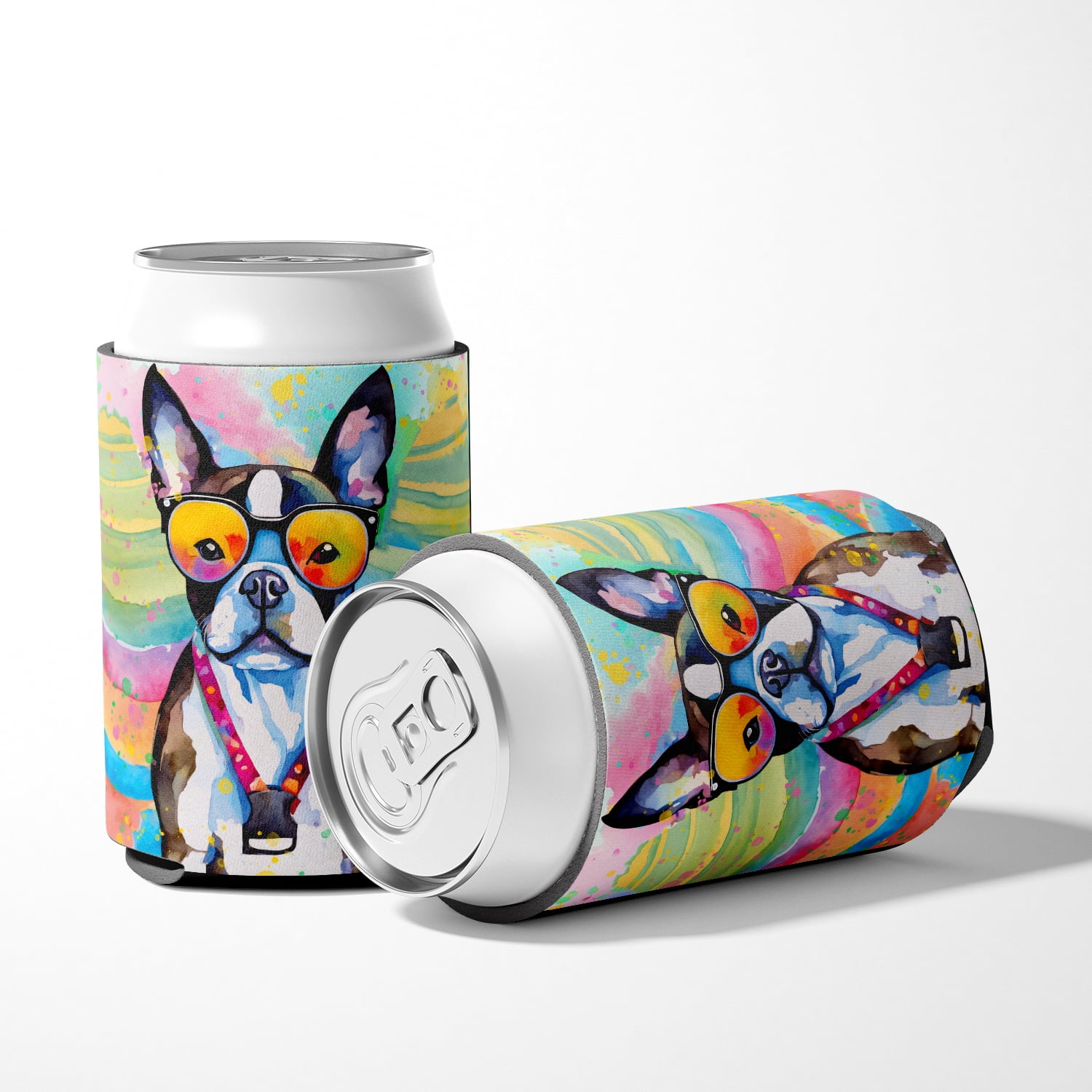 Boston Terrier Hippie Dawg Can or Bottle Hugger 3 in x 5 in