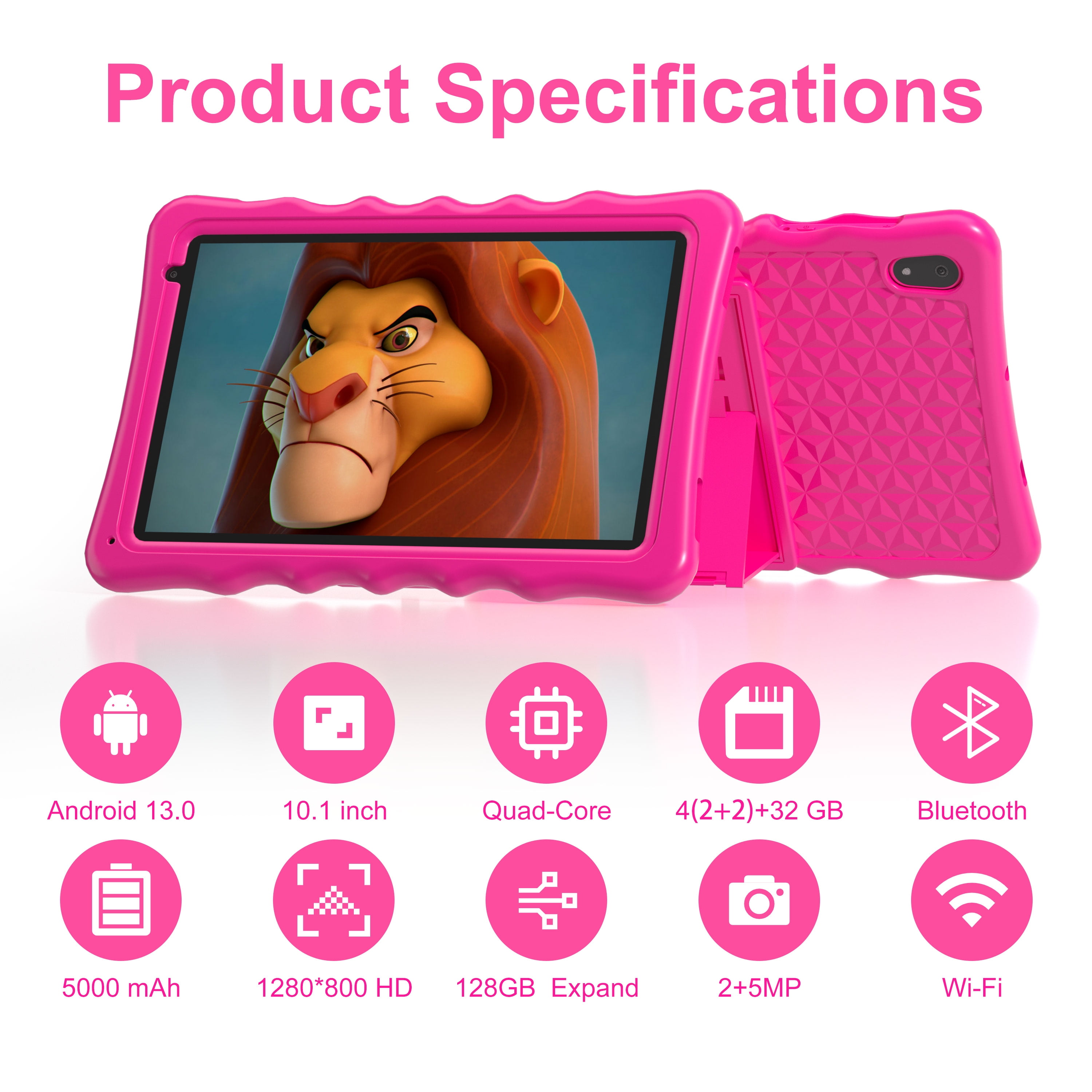 BYYBUO A70W 10.1 in Kids Parental Controls Tablet, 64GB, Android 13, Wi-Fi Bluetooth, Pink