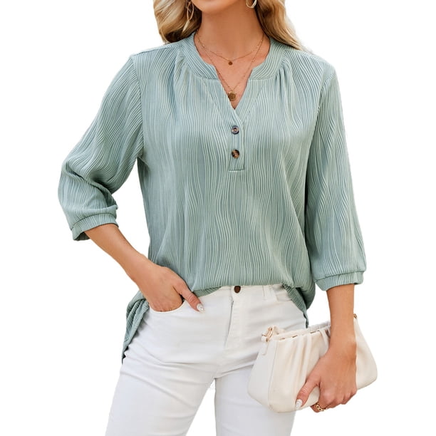 Blusas Elegantes e Informales para Mujer, Camisetas de 3/4 con Cuello en V y Puños Fruncidos. Verde Oscuro S
