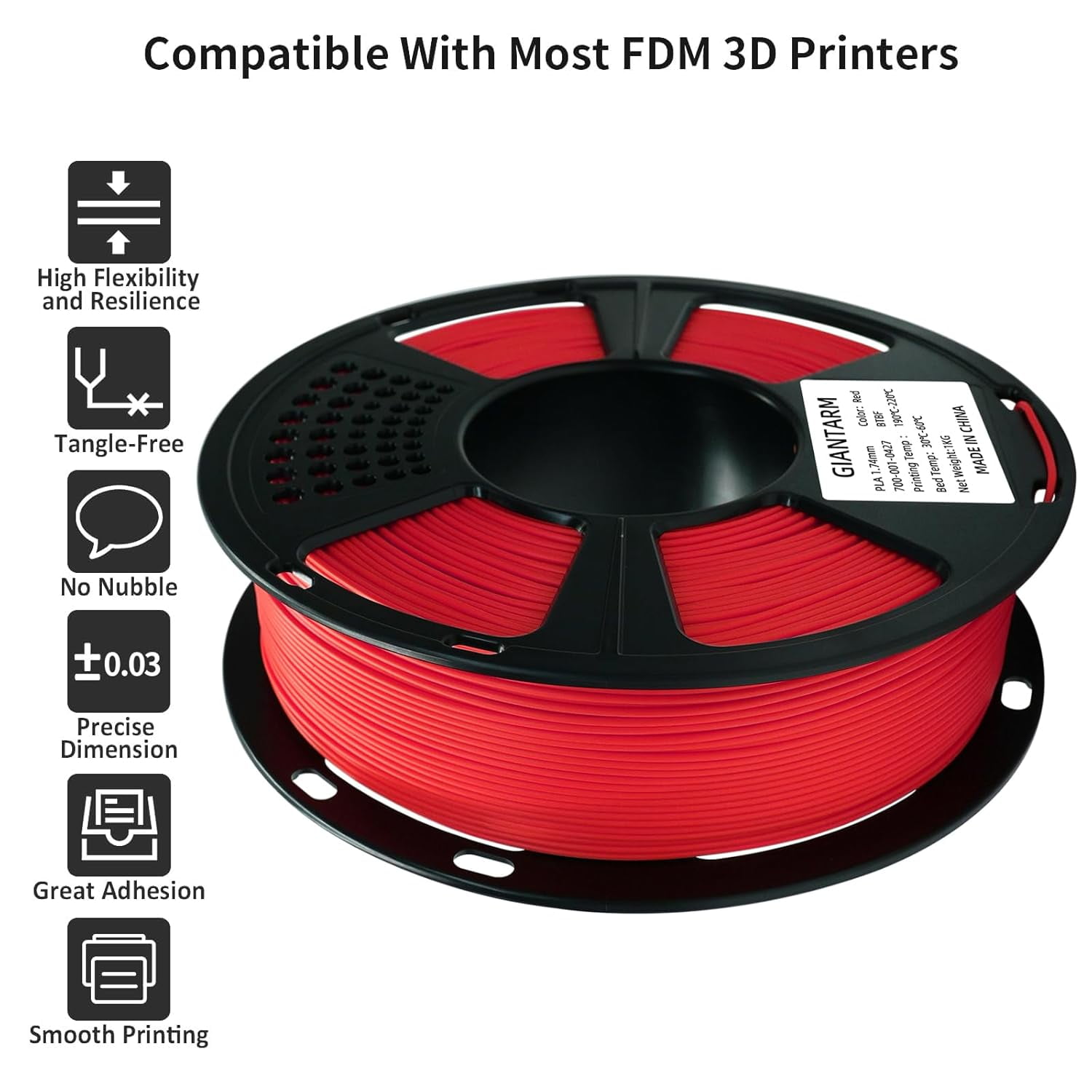 3D Printer Filament, Red Pla Filament, 1Kg(2.2lbs) Spool, 1.75mm Dimension Accuracy +/- 0.03mm, 3D Printing Filament