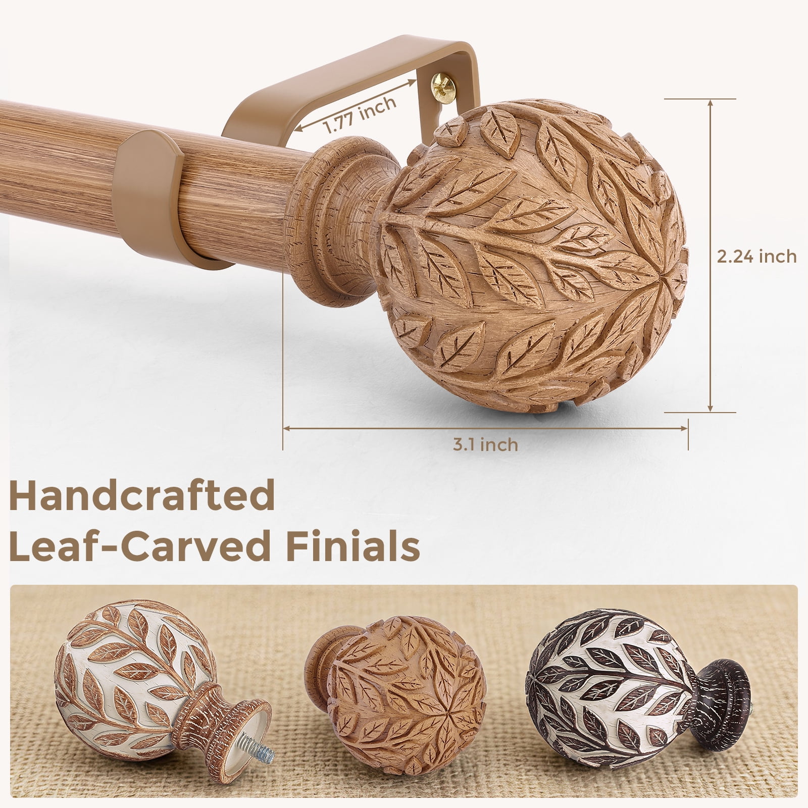 OLV Boho Curtain Rods 36-88" Heavy Duty with Wood Grain Leaf Finial,Burlywood