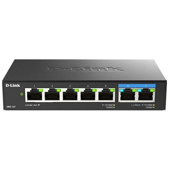 D-Link 7-Port Multi-Gigabit (2.5Gb) Unmanaged Ethernet Switch | 2 x 2.5 Gb, 5 x 10/100/1000Mbps Ports - (DMS-107)