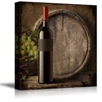 wall26 - Square Canvas Wall Art - Country Style Wine Bottle with Grapes and Wooden Barrel - Giclee Print Gallery Wrap Modern Home Art Ready to Hang - 16x16 inches