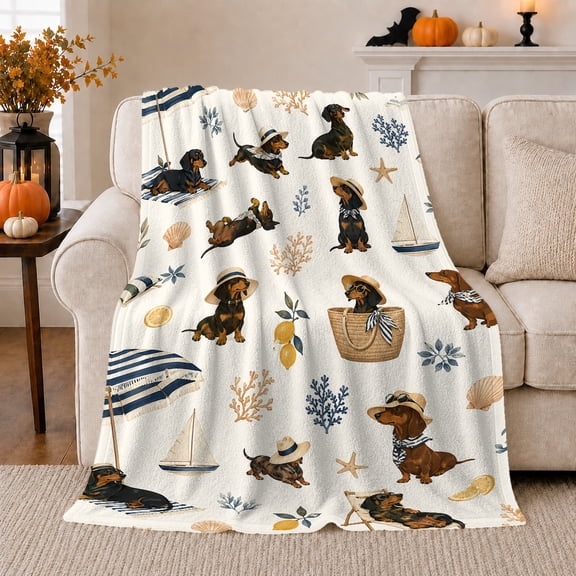 Dachshund Beach Vacation Nautical, Playful Pet Portrait Pattern, Warm Flannel Blanket for Living Room and Bedroom, Dog Lovers Just Because Gift, Pet Lover Home Decor