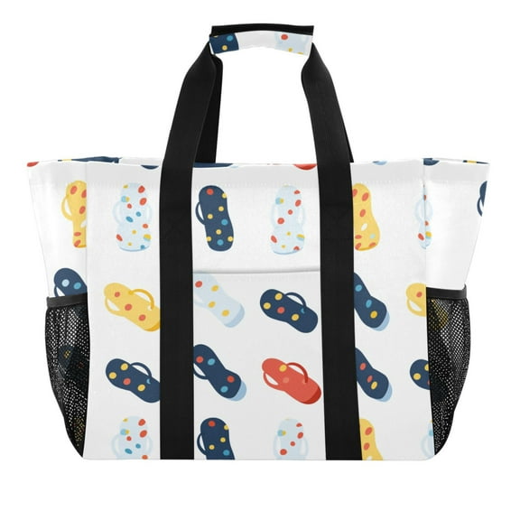 Flip Flop with Dots Reusable Grocery Bags with Handle Side Pocket Waterproof Shopping Portable Tote