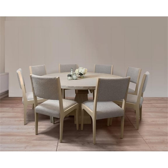 Benedict 70" Solid Wood Round Dining Set with 8 Ash Chairs in Silver Boucle