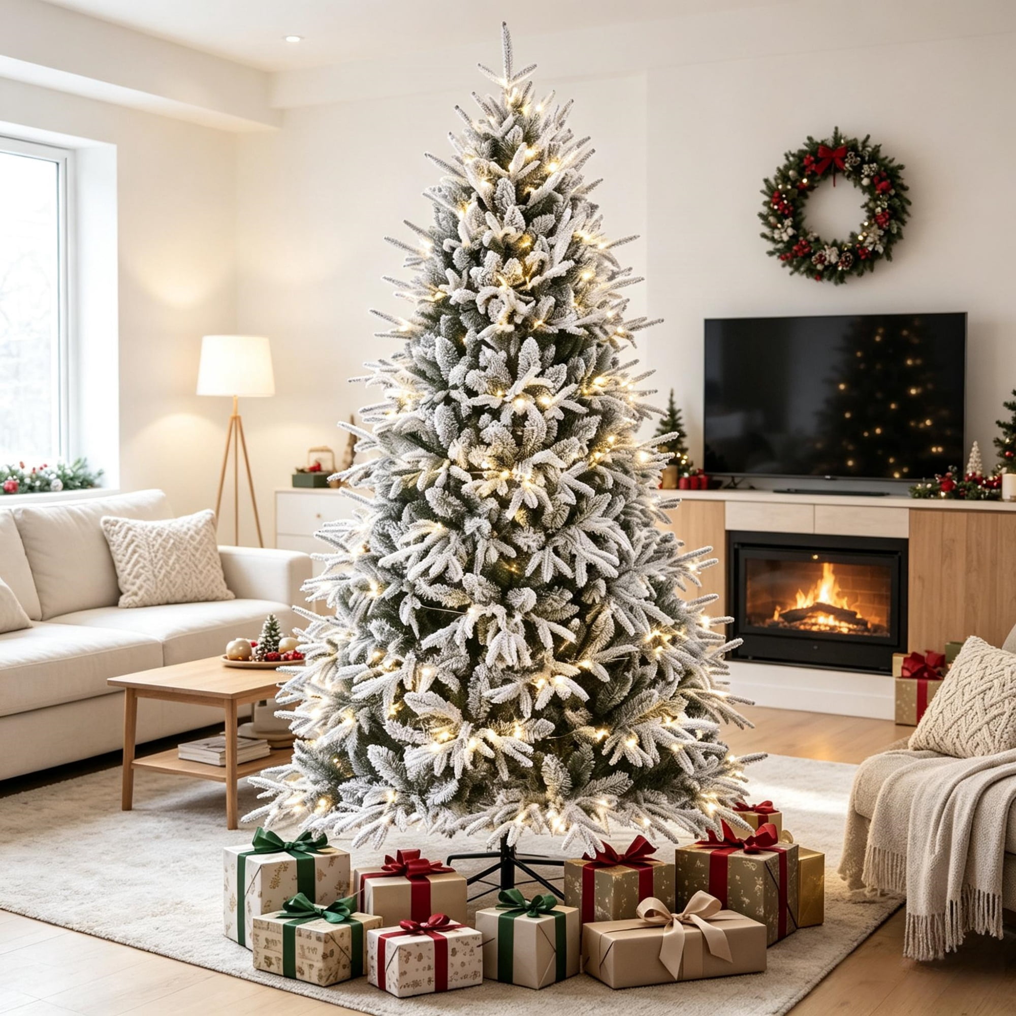 6 ft Pre-Lit Flocked Christmas Tree with 2015 Tips and 260 Warm White LED Lights, Hinged Design