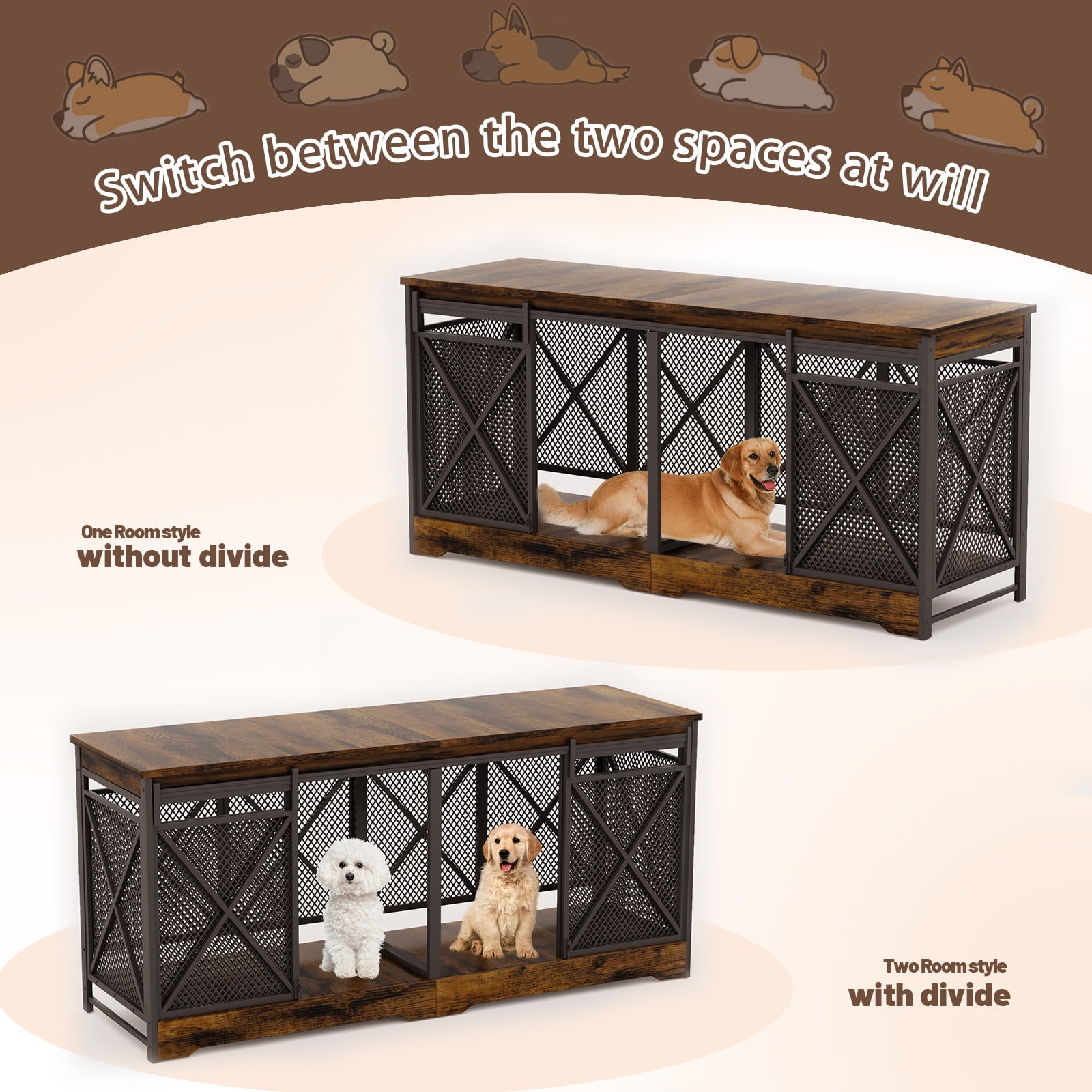 78 inch Double Dog Crate Furniture for 2 Dogs Lager Dog Wooden Crate Kennel table with Removable Divider Indoor Dog House for Small Medium Large Extra Large Size Brown