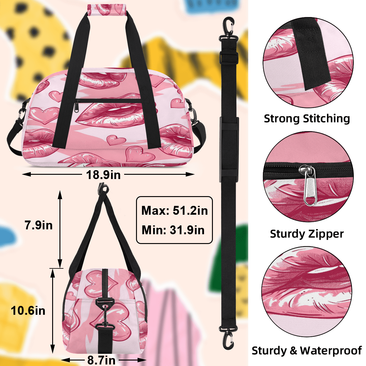 Herdesigns Lips Sports Duffle Bag for Women & Men, Pink Gym Bag Dance Bag Overnight Bag Carry On Weekender Travel Bag