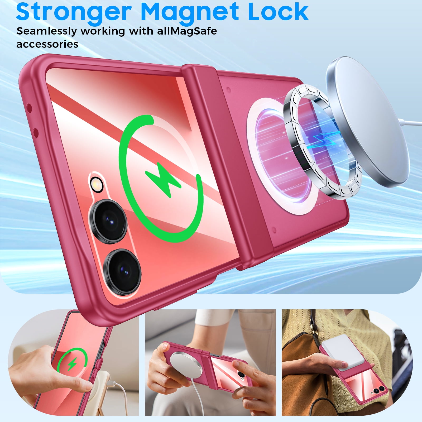 Oupeigar for Samsung Galaxy Z Flip 7 Phone Case,Compatible with MagSafe,Screen Protector,Anti-Fingerprint Translucent Matte Shockproof Case-Rose Red