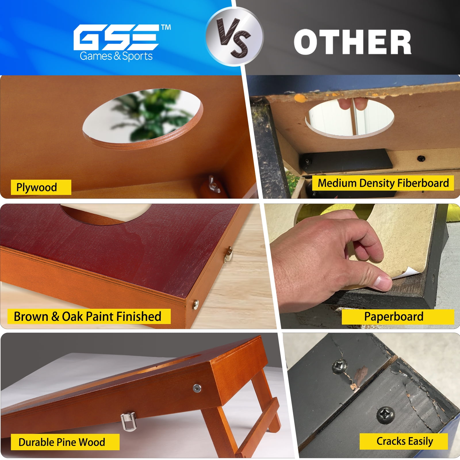 GSE Games & Sports Expert 2'x1' Wooden Portable Cornhole Toss Games Set with 2 Solid Wood Corn Hole Boards and 8 Bean Bags. Great for Indoor/Outdoor Lawn Backyard
