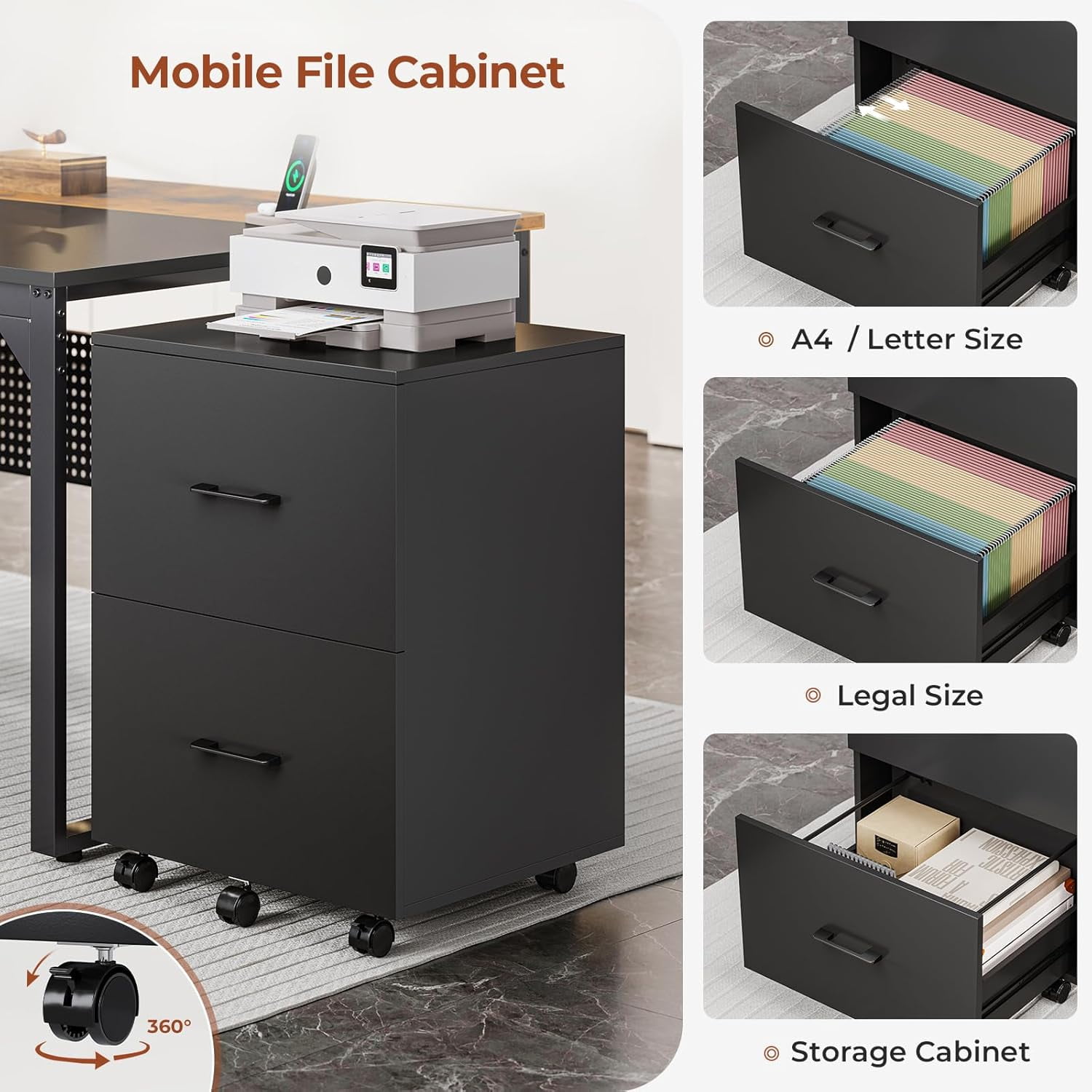 Weiplehoom 71" Executive Desk with Rolling File Cabinet, L Shaped Computer Desk with Power Outlets, Reversible Gaming Corner Desk with Drawers, Storage Shelves, Hooks for Home Office (Brown)