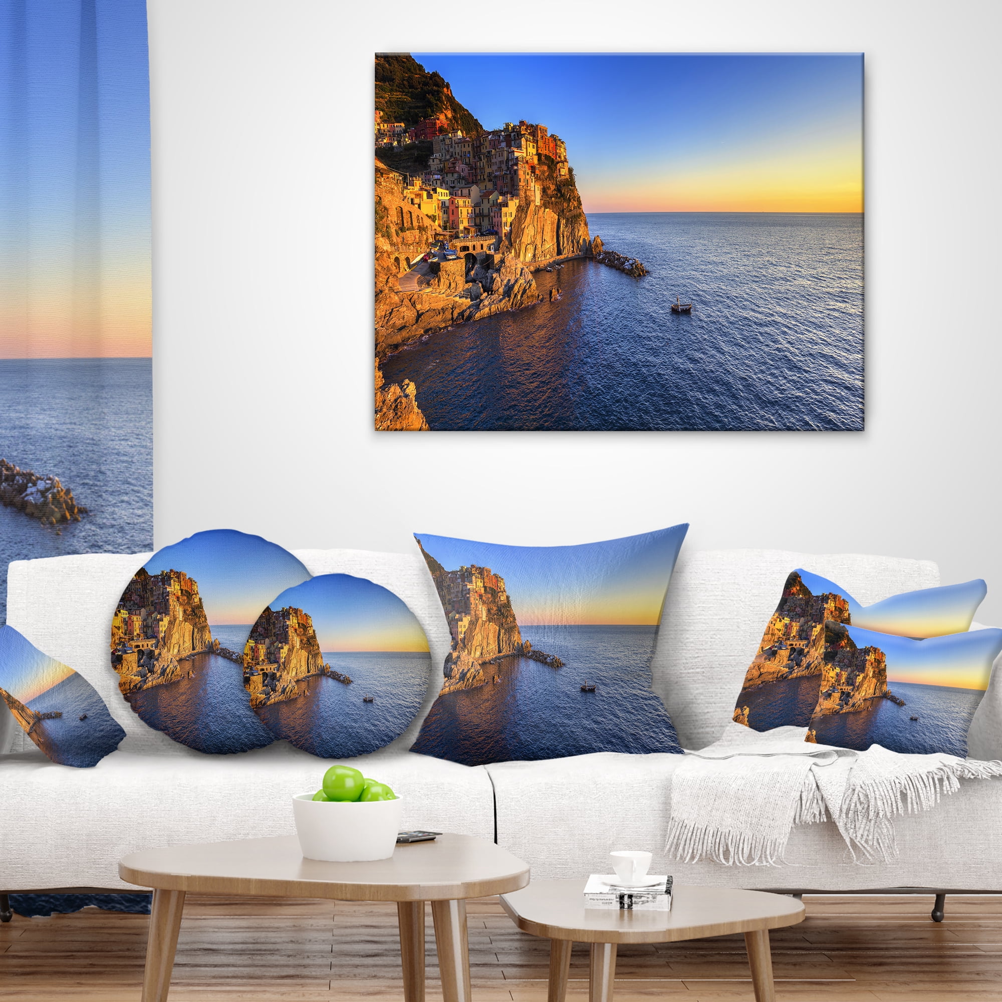 Designart Manarola Village Beach Panorama - Landscape Wall Throw Pillow - 12x20
