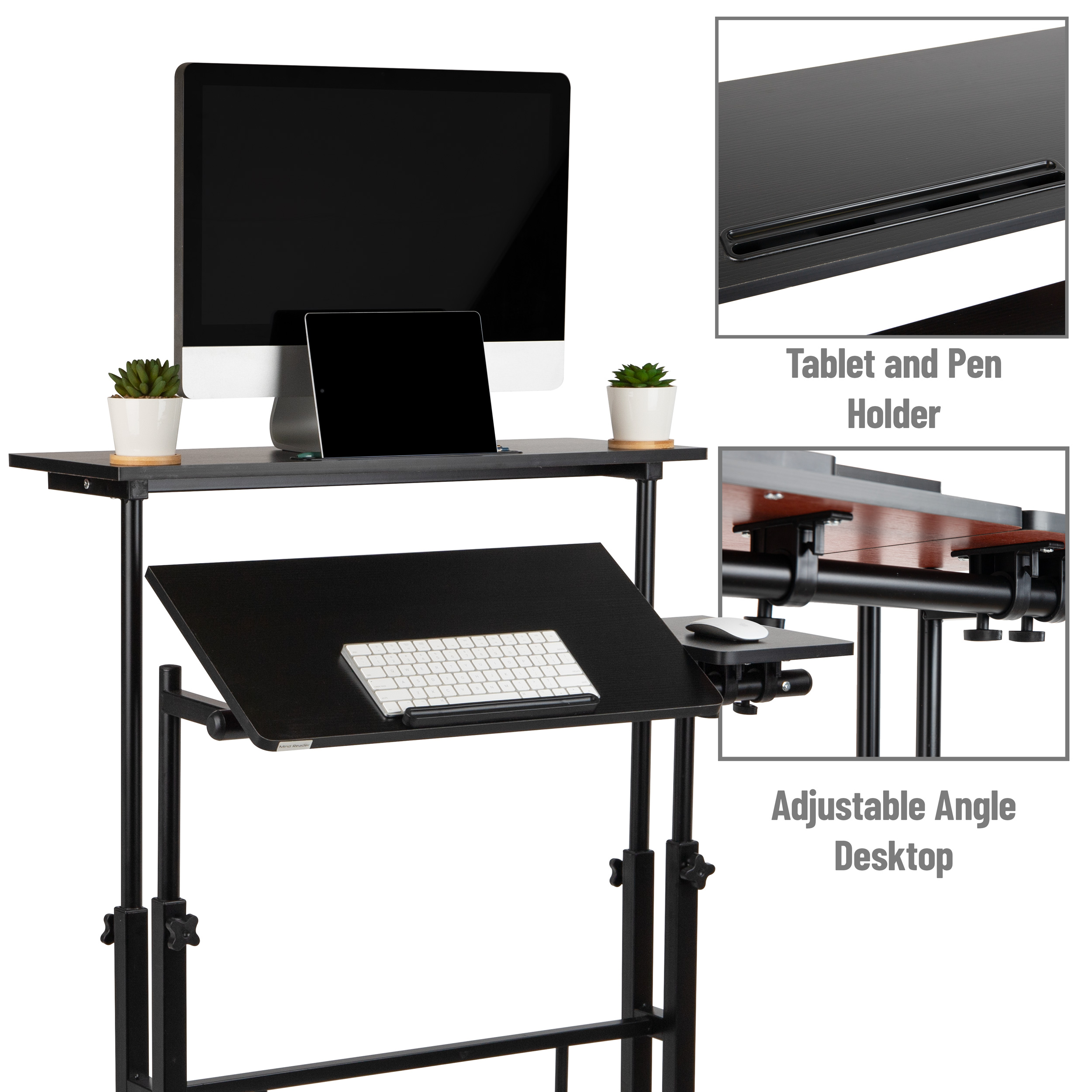 Mind Reader Standing Adjustable Height Rolling Computer and Laptop Desk, Adult, 45.25"H, Black - image 5 of 9